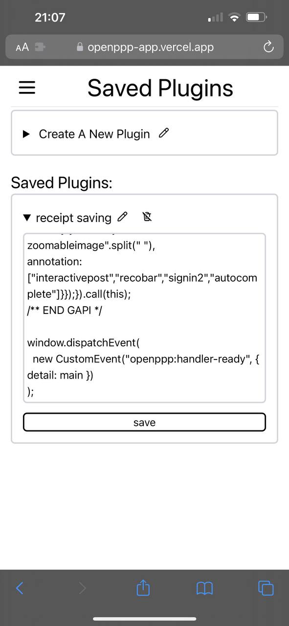 OpenPPP Saved Plugins screen